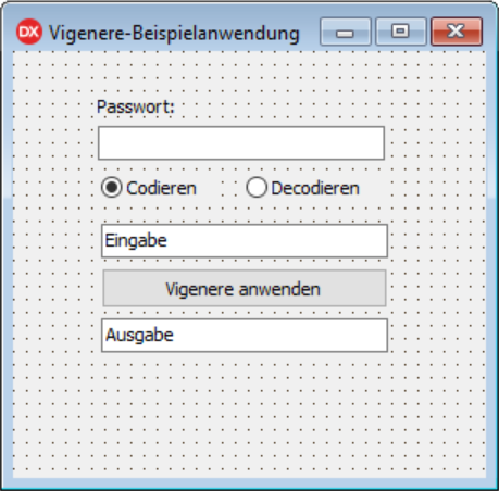 Screenshot des Aufbaus der GUI für die Ausfühung von Vegenere